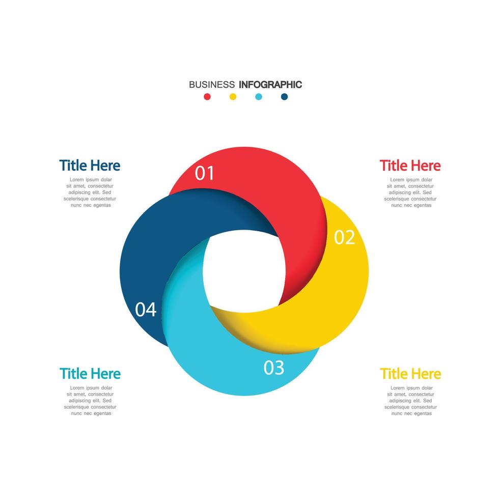 four circle elements with paper icons and place for text to circle white paper. The concept of 4 business development features. Infographic design template. Vector illustration.