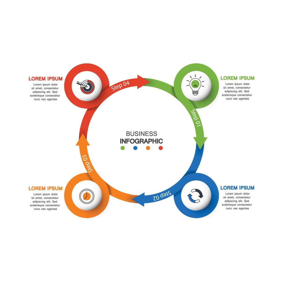 cuatro elementos circulares con iconos de papel y lugar para que el texto circule el papel blanco. el concepto de 4 características de desarrollo empresarial. plantilla de diseño infográfico. ilustración vectorial. vector