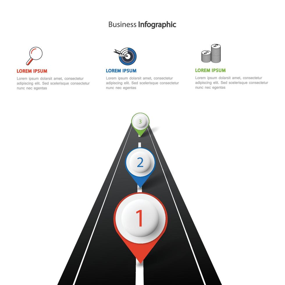 Vector road infographic with pin pointer. Timeline template with 3 markers on a curved road line.