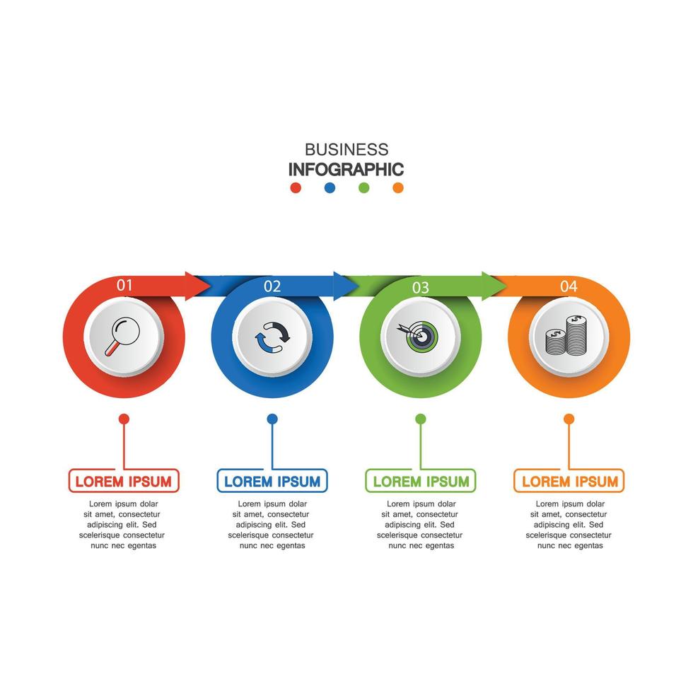 four circle elements with paper icons and place for text to circle white paper. The concept of 4 business development features. Infographic design template. Vector illustration.