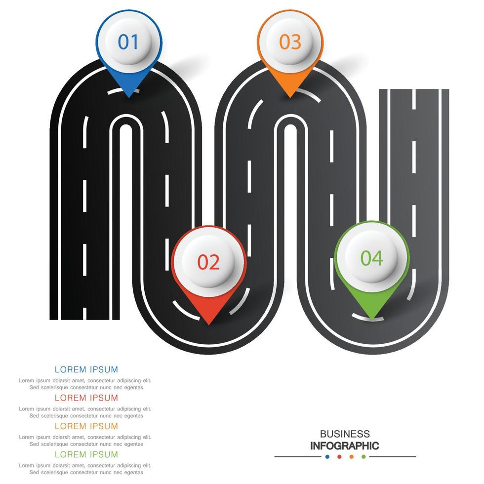 infografía de carretera de vector con puntero de pin. plantilla de línea de tiempo con 4 marcadores en una línea de carretera curva.