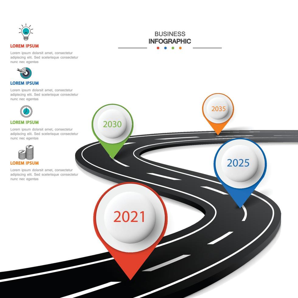 infografía de carretera de vector con puntero de pin. plantilla de línea de tiempo con 4 marcadores en una línea de carretera curva.