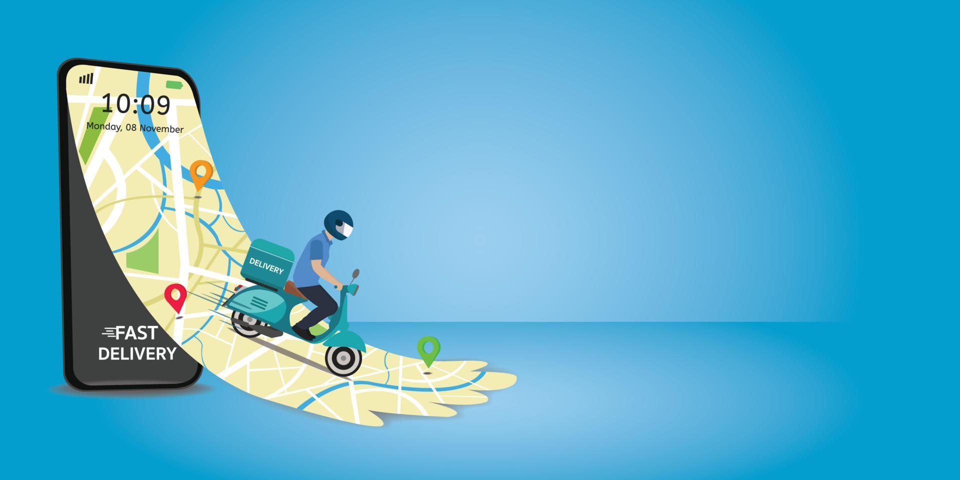 Fast delivery package by scooter on mobile. Order package in E-commerce by app. Tracking courier by map application. Vector illustration.