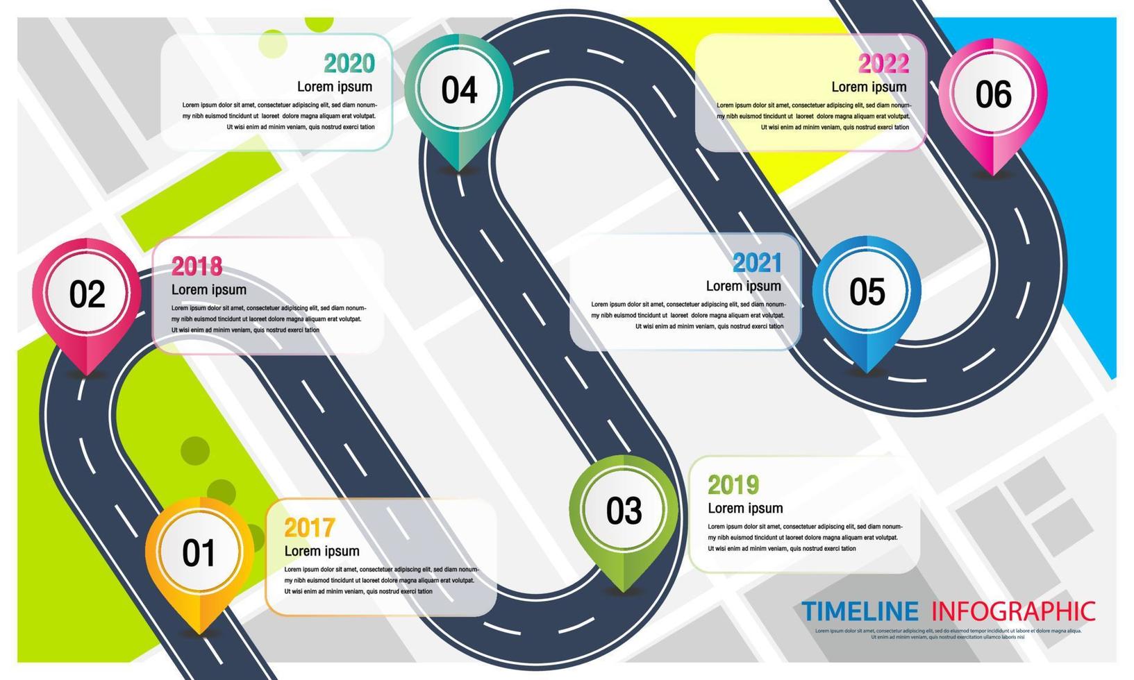 Road infographics. road map to success with pin pointers.road map timeline infographic.Timeline infographic 6 milestone like a road. vector