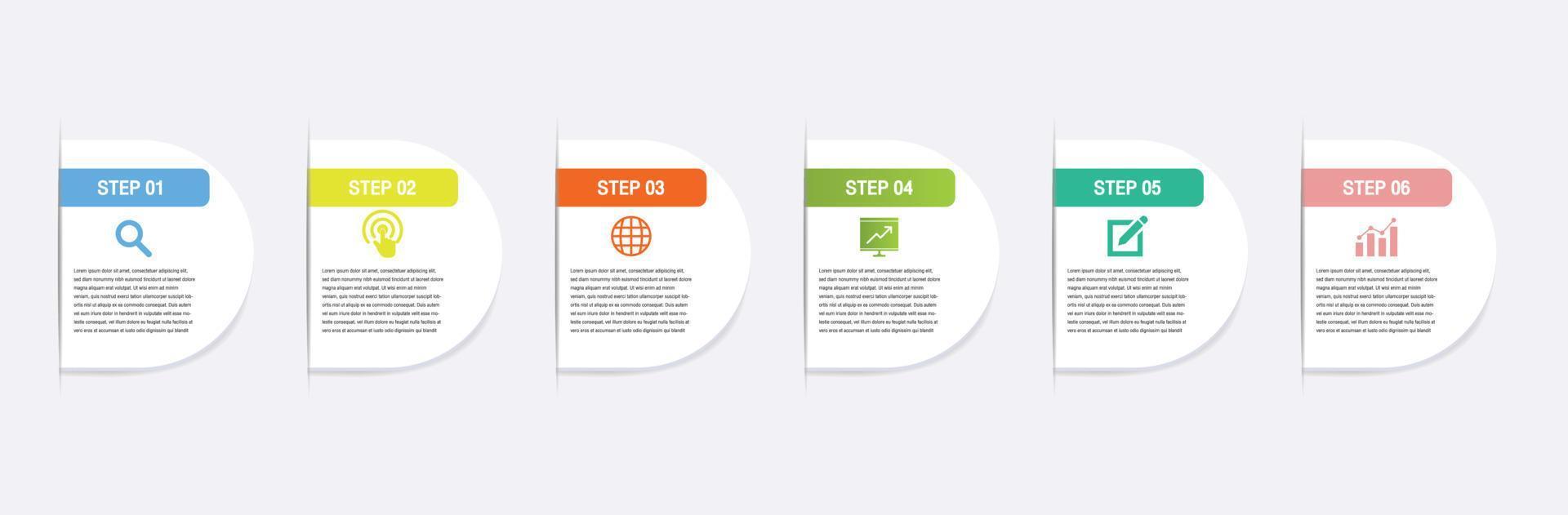 Abstract elements 6 steps options. Infographic business timeline process chart template. Vector modern banner,text box used for presentation and workflow layout diagram.