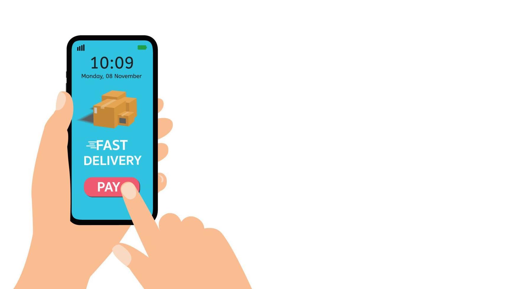 Fast delivery service concept, Hand holding smart phone open app, Vector image cartoon Illustration isolated on white background.