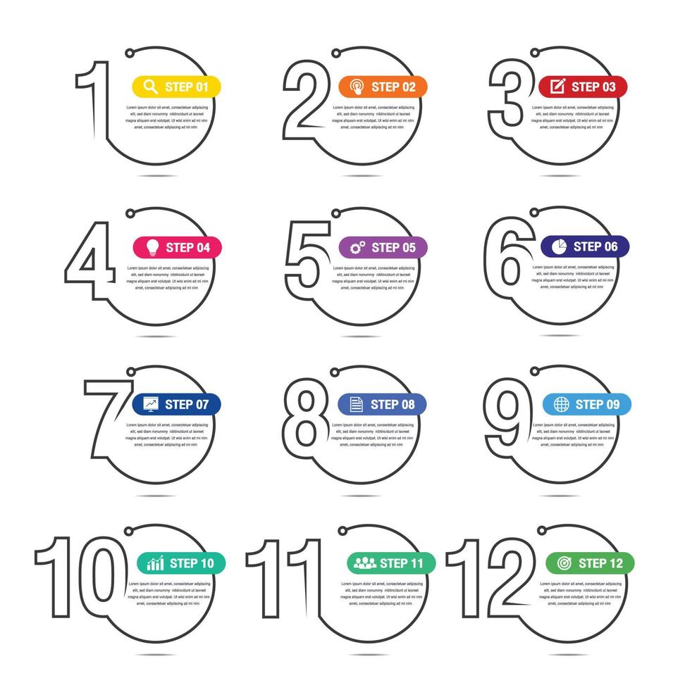 Plantilla de infografía empresarial con números 12 opciones o pasos. vector