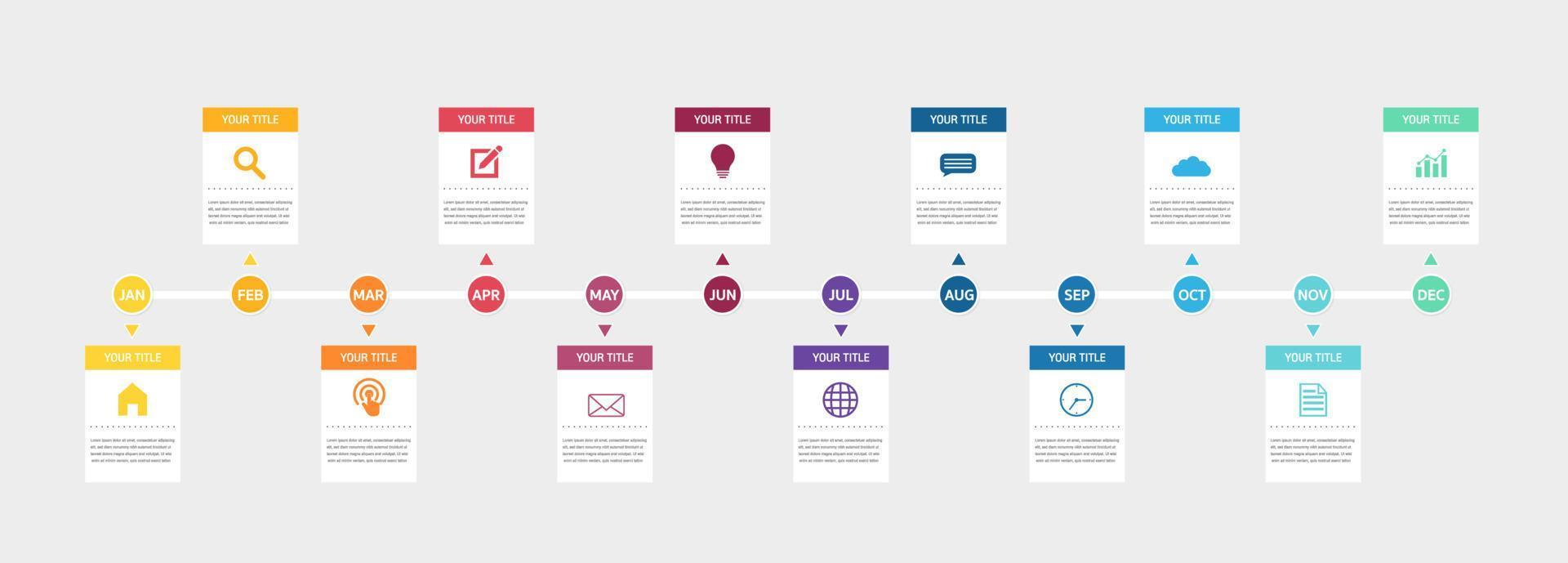 Infografía de línea de tiempo de 12 meses o 1 año, infografía de línea de tiempo para informe anual y presentación, vector de diseño de infografía de línea de tiempo y negocios de presentación.