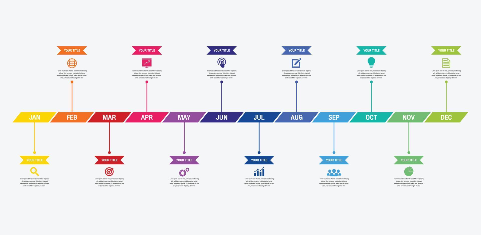 Infografía de línea de tiempo de 12 meses o 1 año, infografía de línea de tiempo para informe anual y presentación, vector de diseño de infografía de línea de tiempo y negocios de presentación.