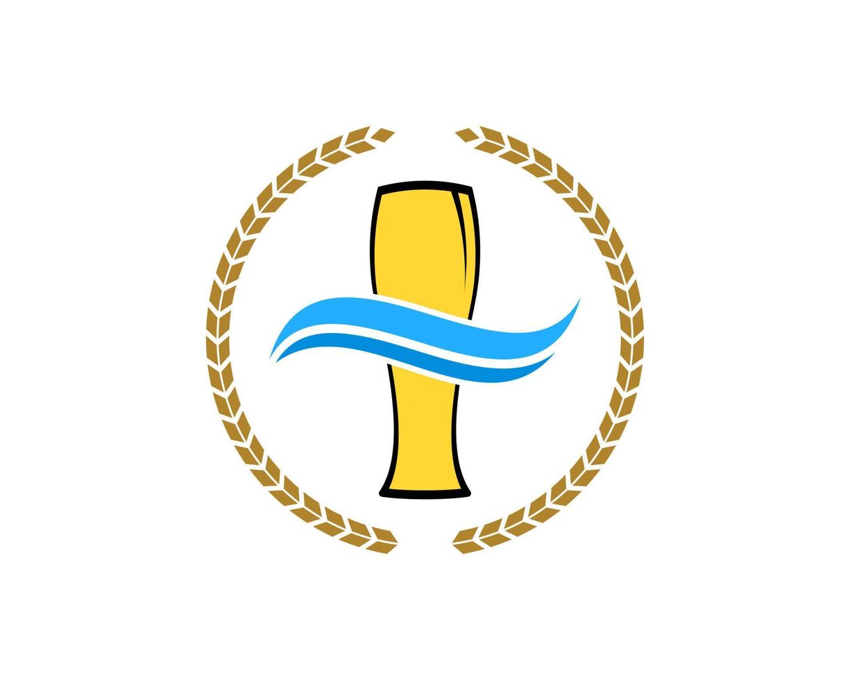 Circular wheat with beer glass and beach wave inside vector