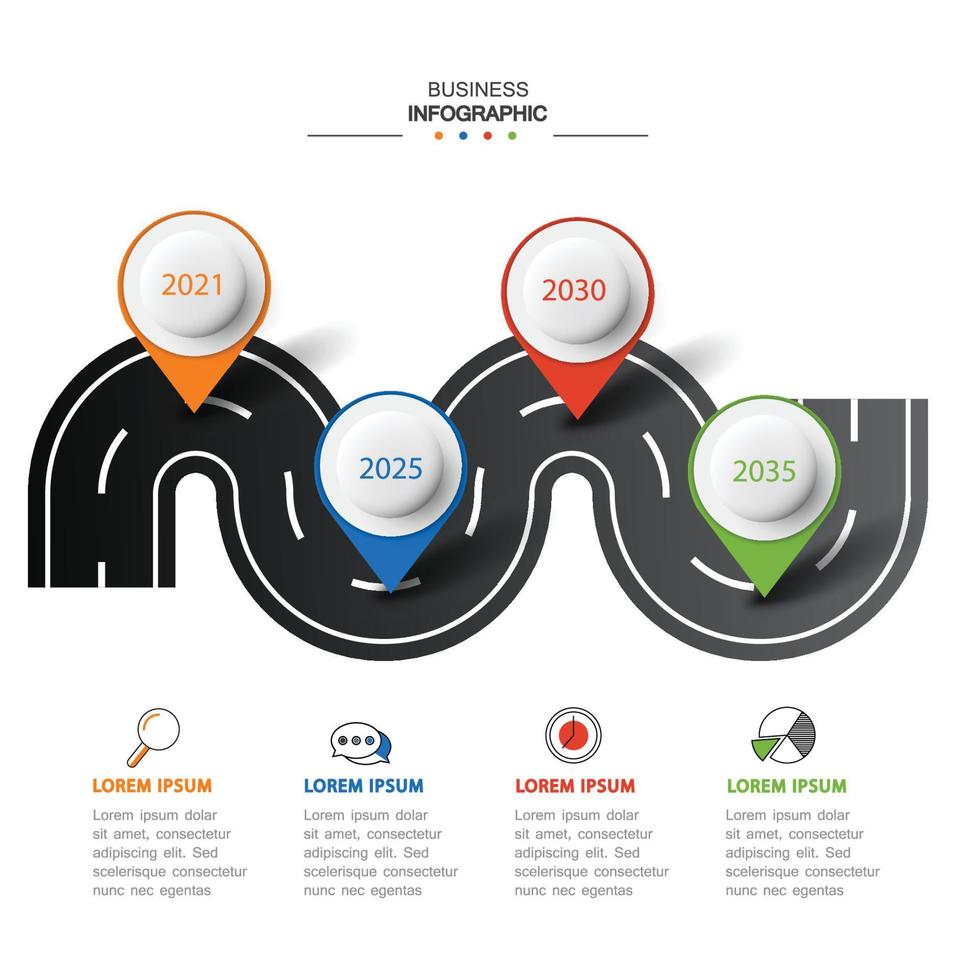 infografía de carretera de vector con puntero de pin. plantilla de línea de tiempo con 4 marcadores en una línea de carretera curva.