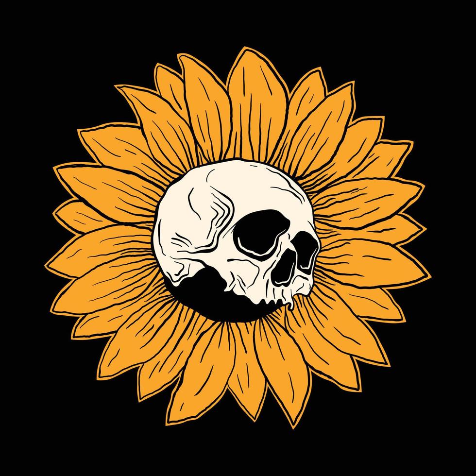 Skull sun flower hand drawing for tattoo design tshirt and many more free vector