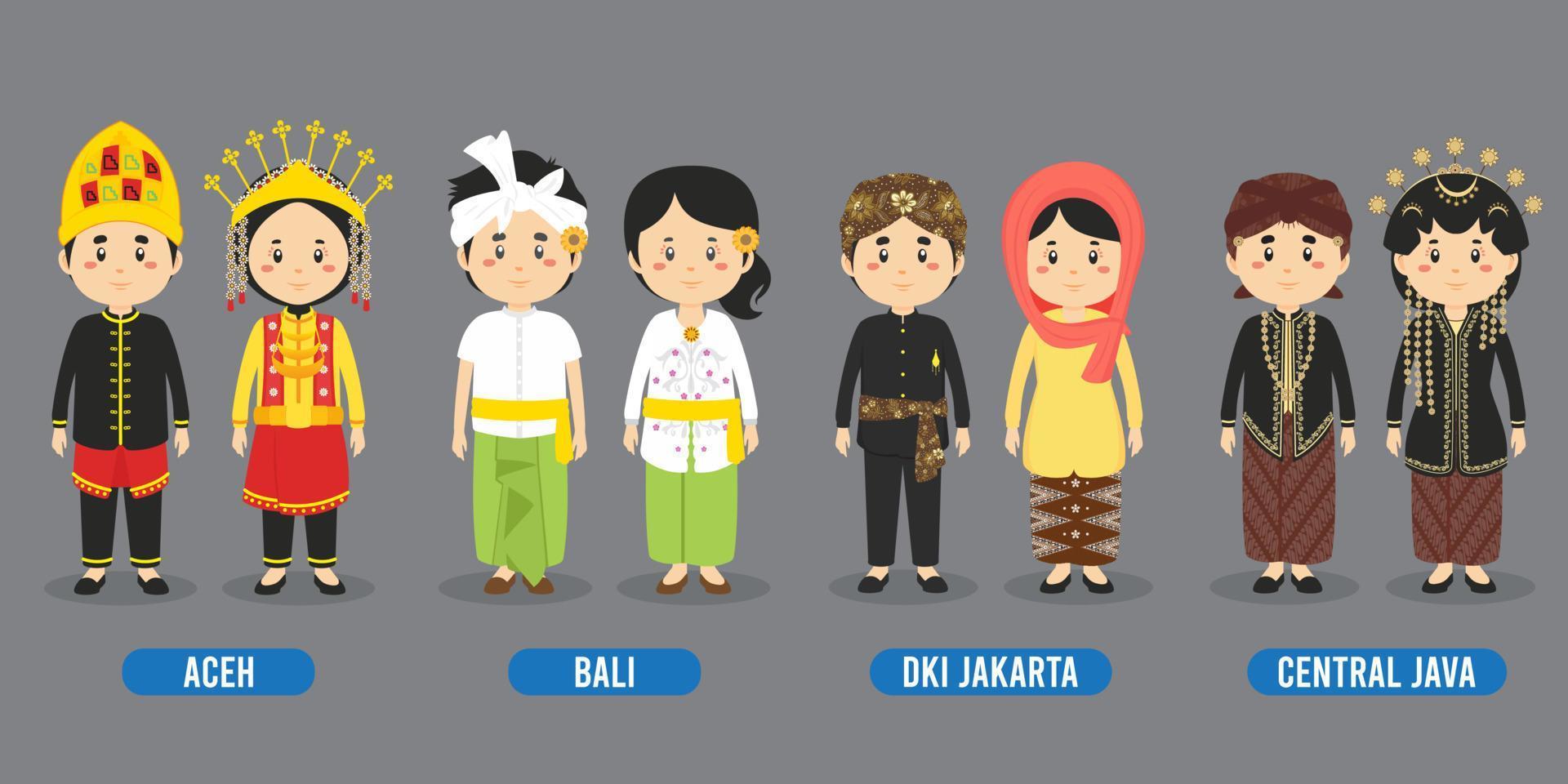 personaje en diferentes trajes tradicionales indonesios. vector