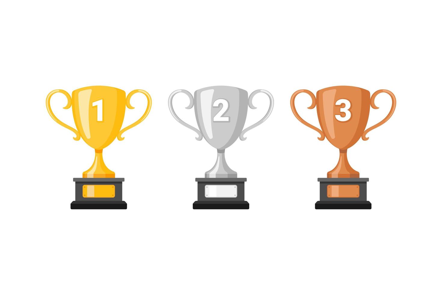 Gold silver bronze trophy cups. Game winner prize cups, goblet prize icons vector illustration.
