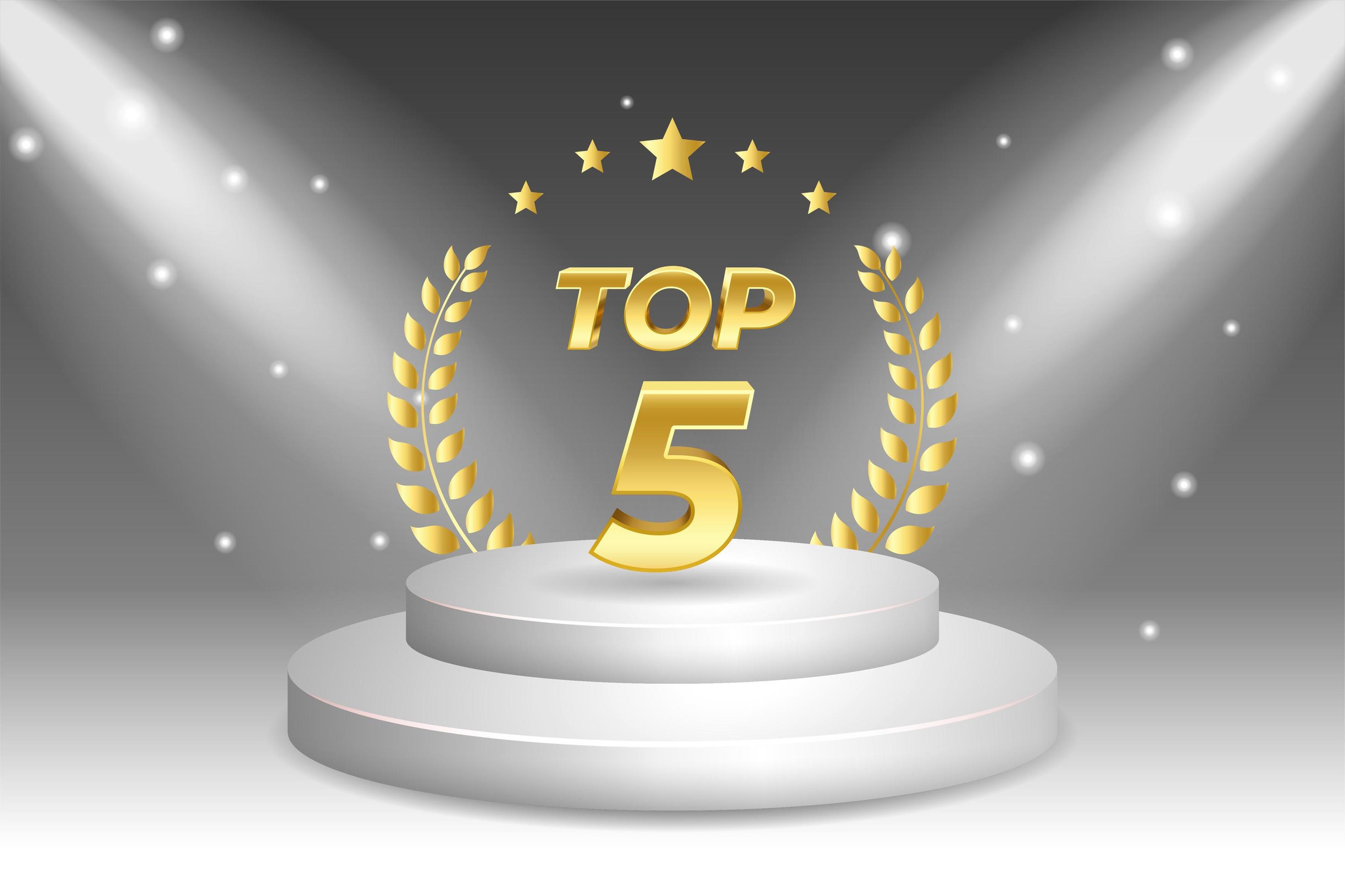 Top 5 award cup. Golden award trophy with laurel wreath. Isolated on
