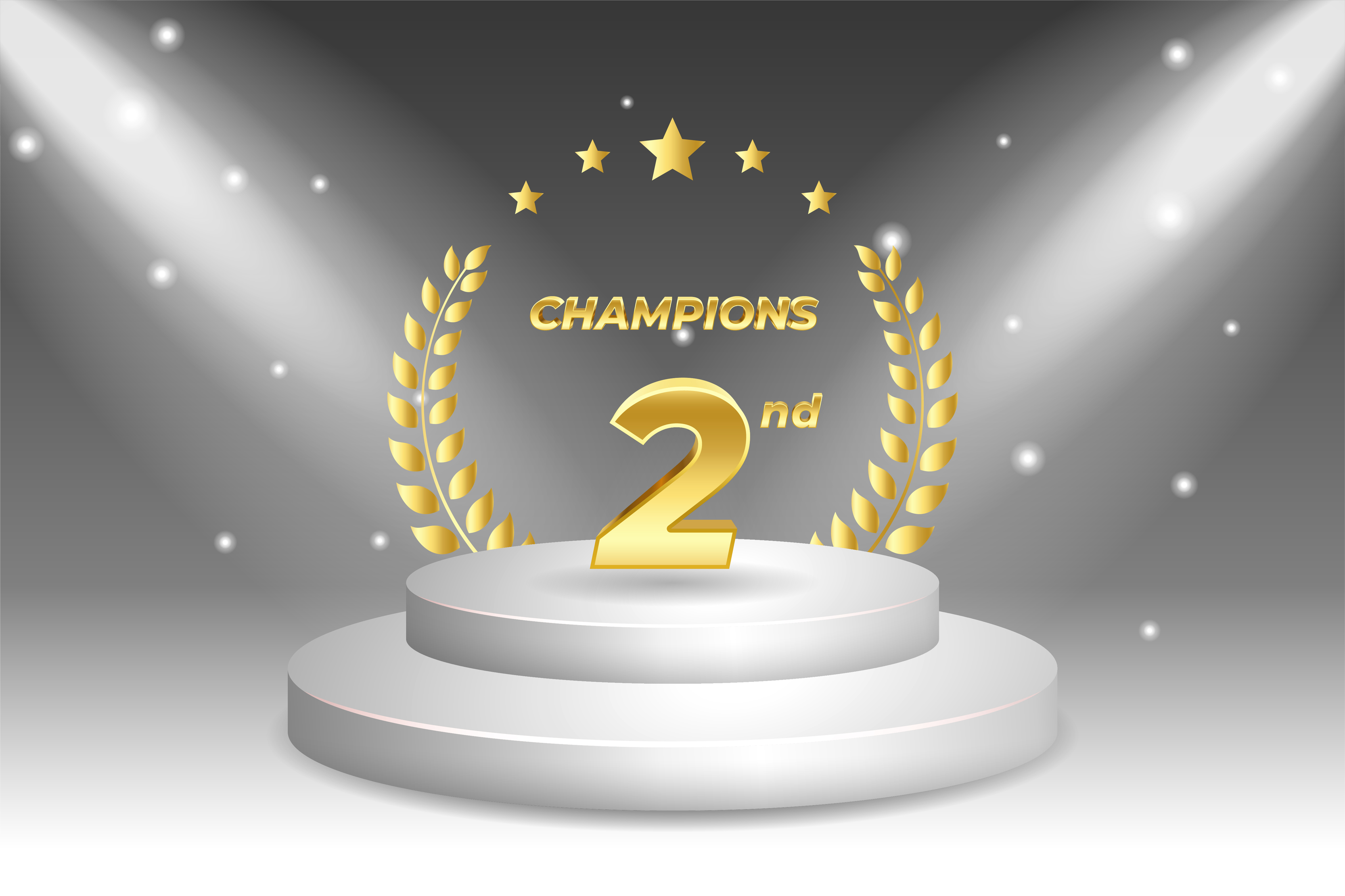 Second places winner. Golden award trophy with laurel wreath. Isolated on white stage podium