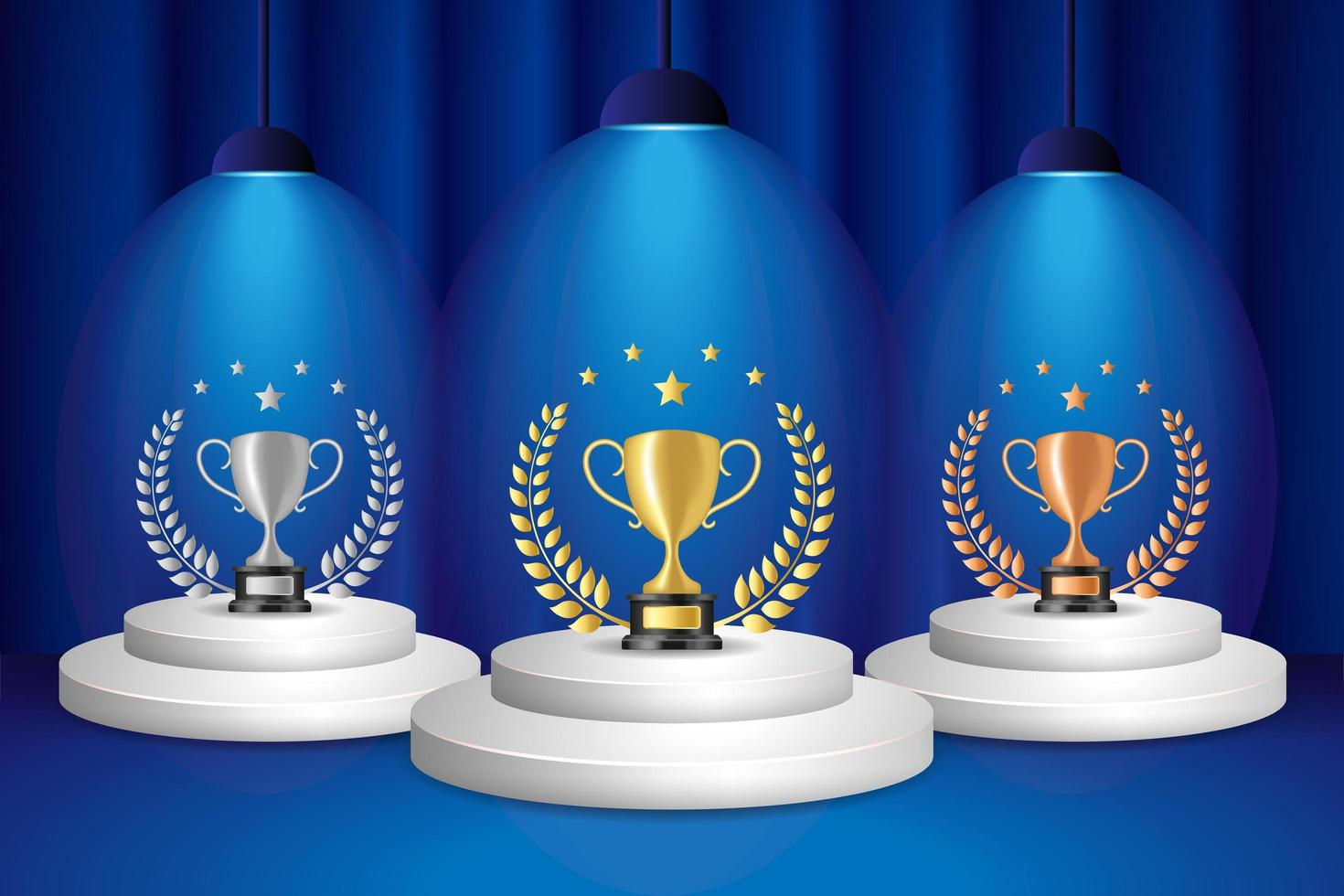 Stage podium scene with lighting for Award Ceremony. Winner round pedestal with golden, silver, and bronze trophy cup symbol, laurel wreath and ribbon vector