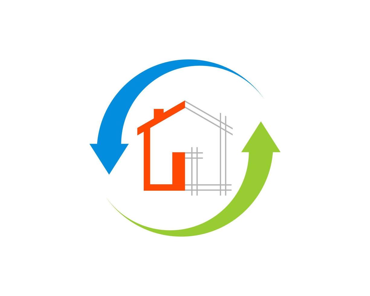Upside down arrow with construction house inside vector