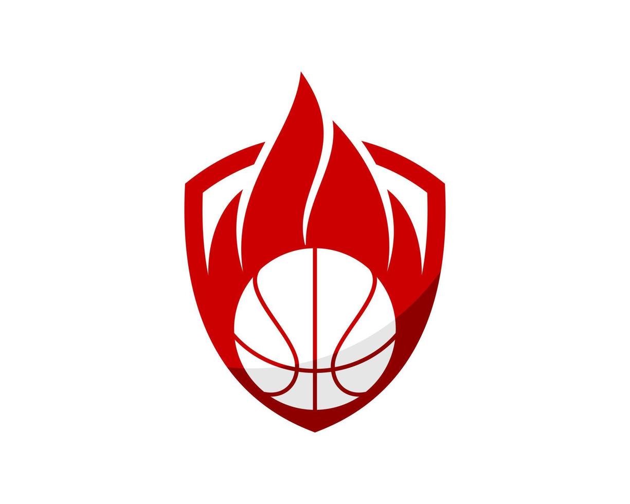 escudo simple con baloncesto y llamas de fuego vector