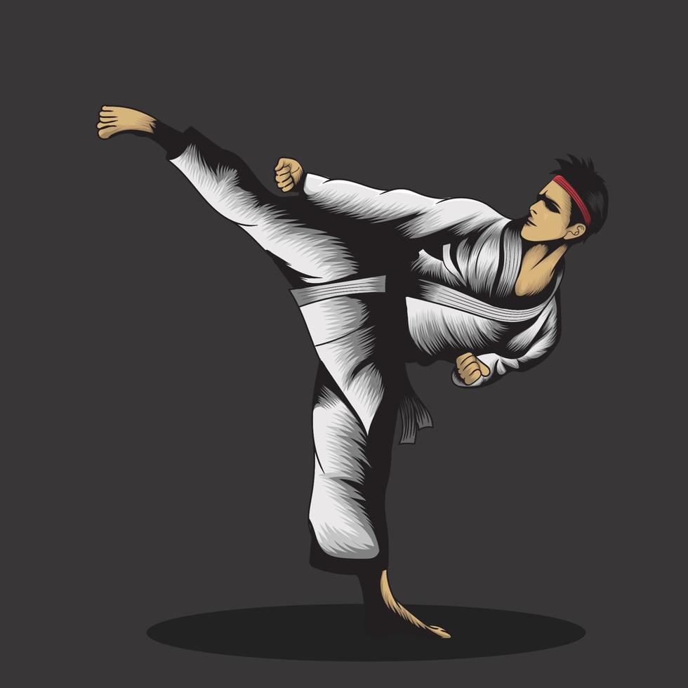 Ilustración vectorial de un hombre de karate haciendo una patada vector