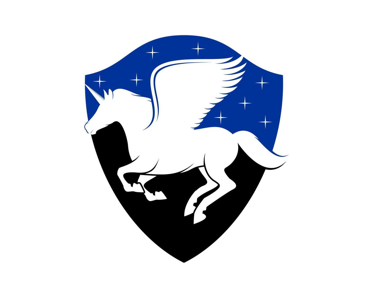 unicornio volador en el escudo vector