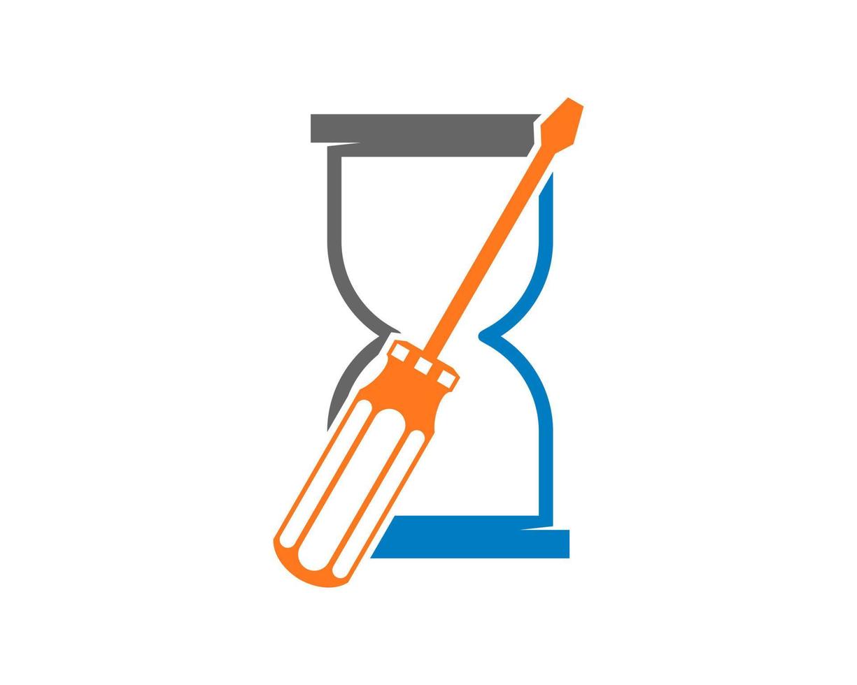 Screwdriver repairing time with hourglass behind vector