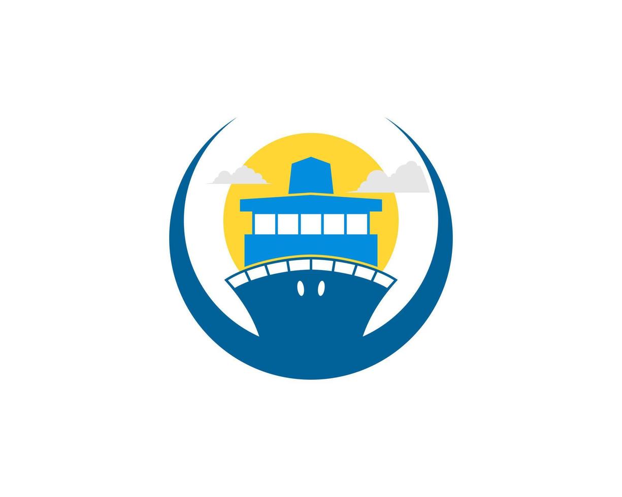 Circle swoosh with ship and sunset behind vector