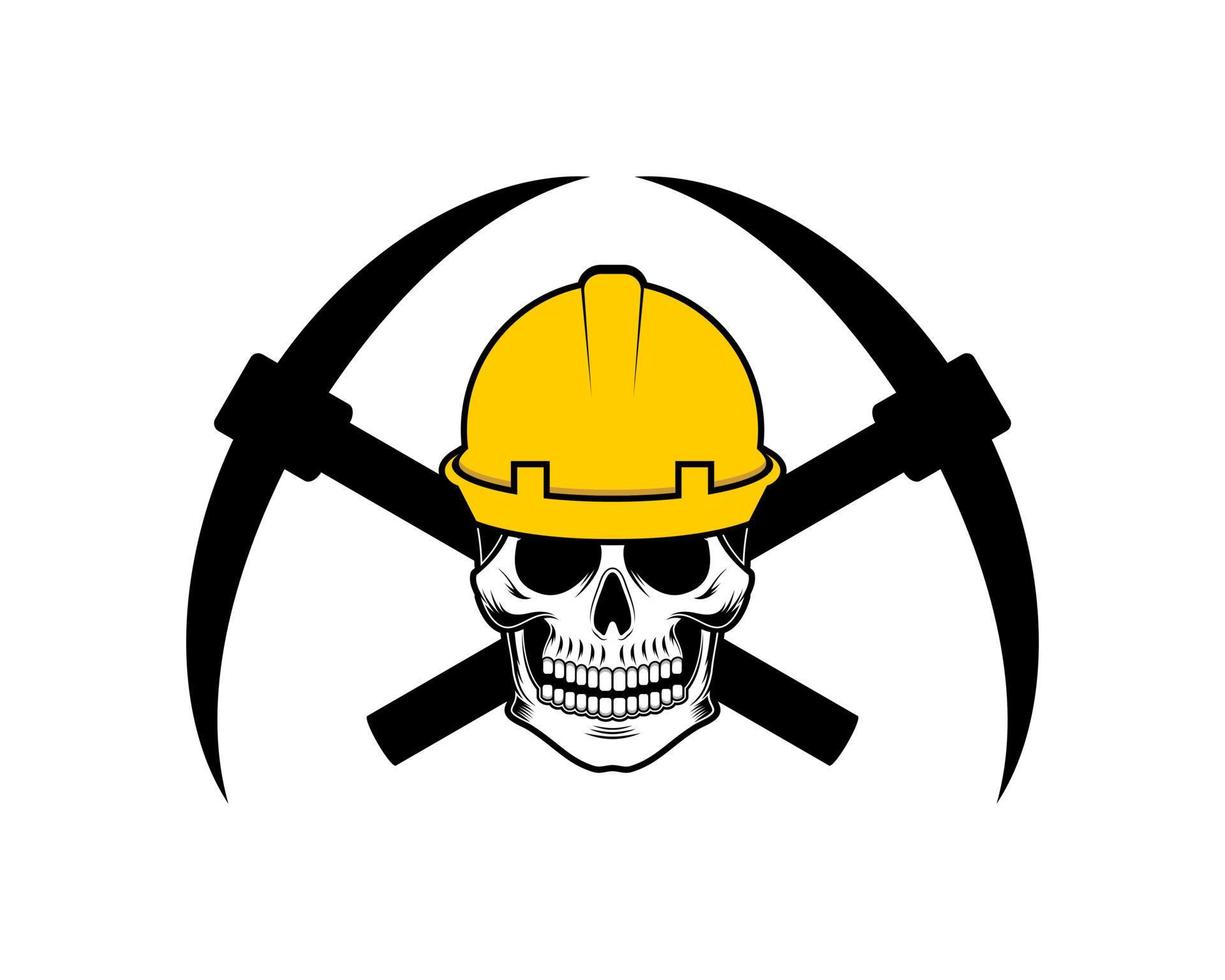 Worker skull head with crossed mining axe behind vector