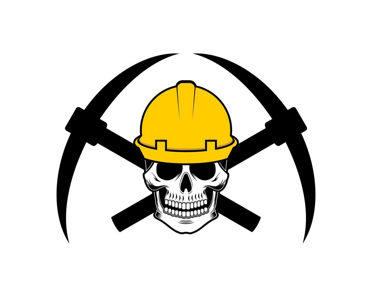 Worker skull head with crossed mining axe behind vector