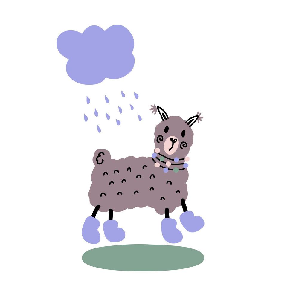 Hand drawn cute alpaca in boots walking in the rain. vector
