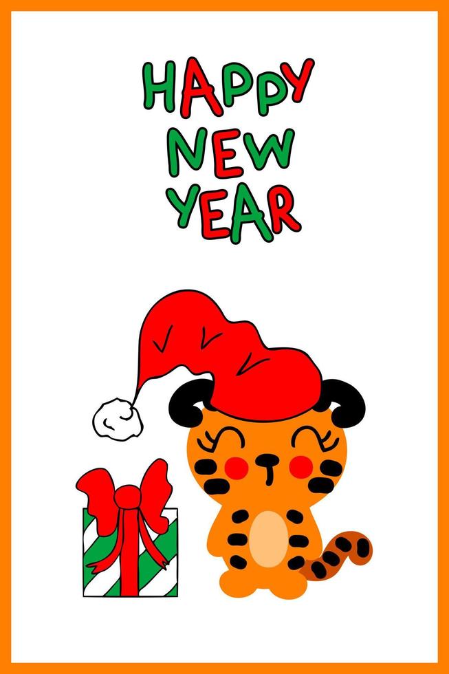 Plantilla de postal de año nuevo chino con tigre y regalo. vector