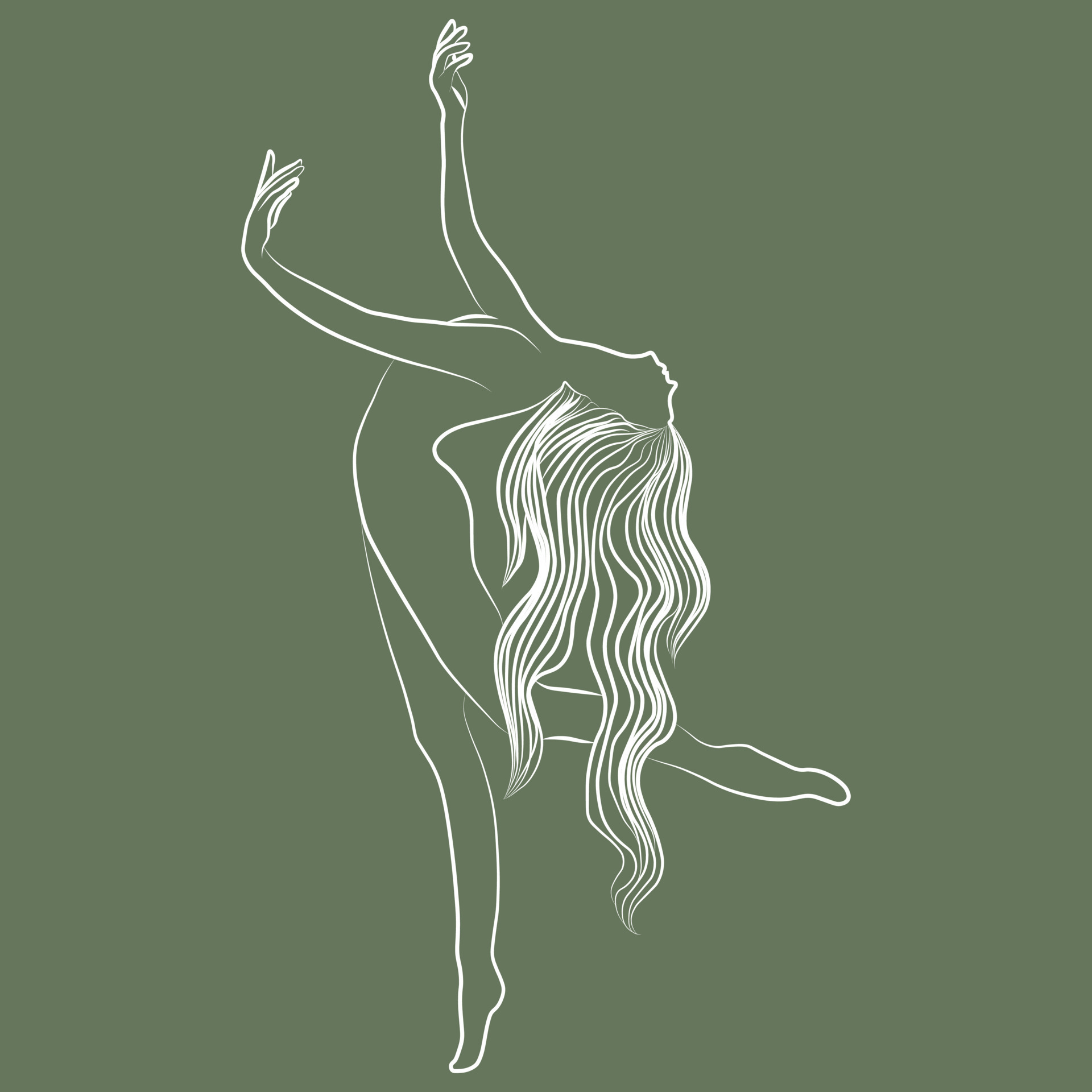 Line art, beautiful nude girl with long