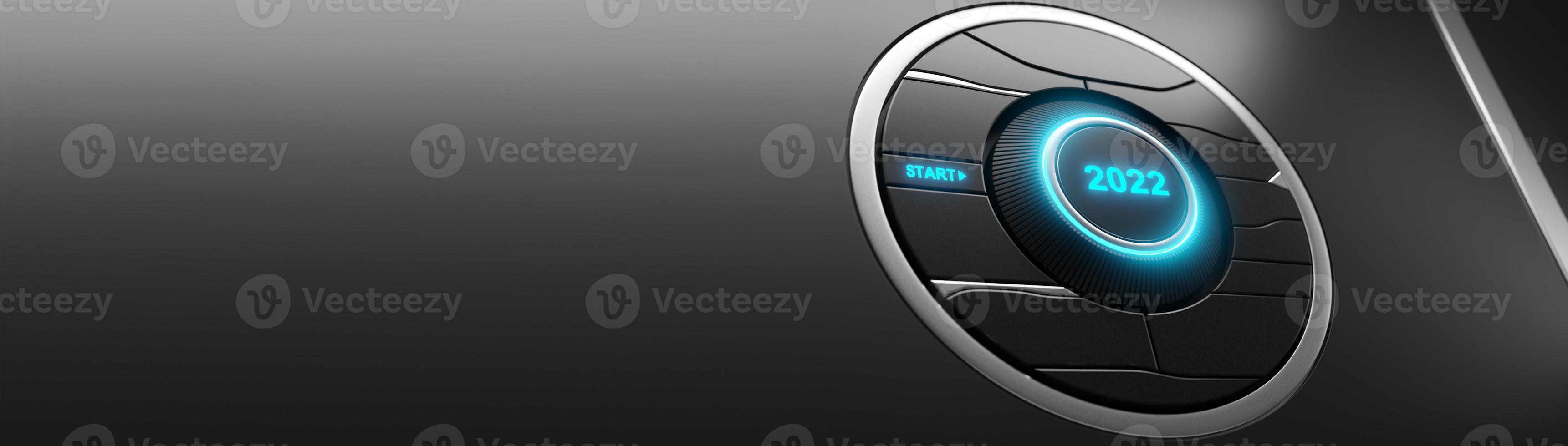 Start 2022. Happy New Year button. 3D illustration photo