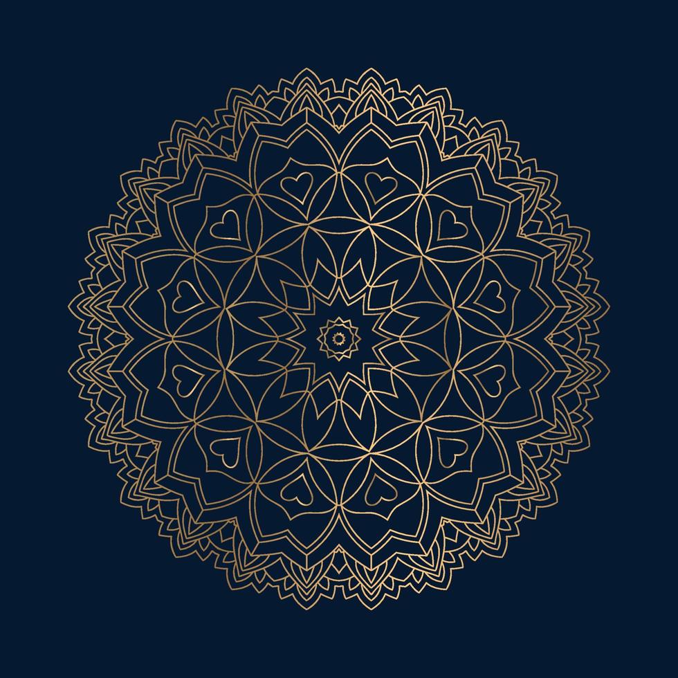 Mandala pattern with shiny gold color. Luxurious decoration. Luxurious golden mandala vector. Golden pattern. Mandala ornament on a dark blue background. Decorative golden mandala background. vector