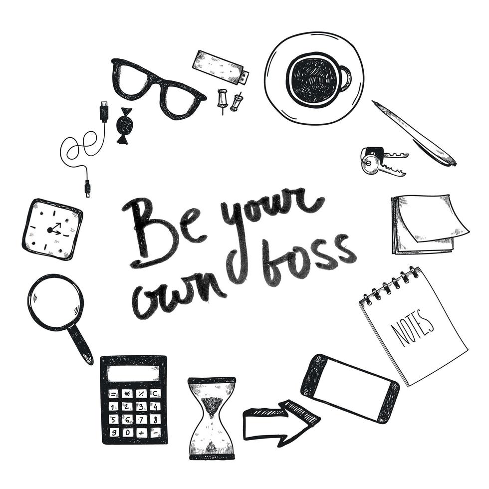 set of hand drawn office tools. Freelance, tools for making business online, entrepreneur. Mock up, top view. Black and white. Poster. vector