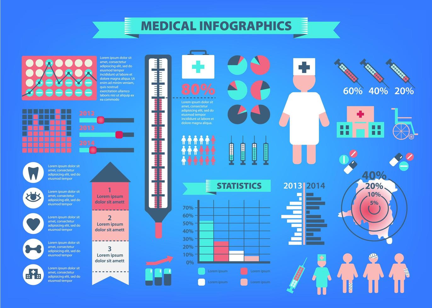 conjunto de vectores de infografías médicas. cuadros, doctor, iconos, hospital