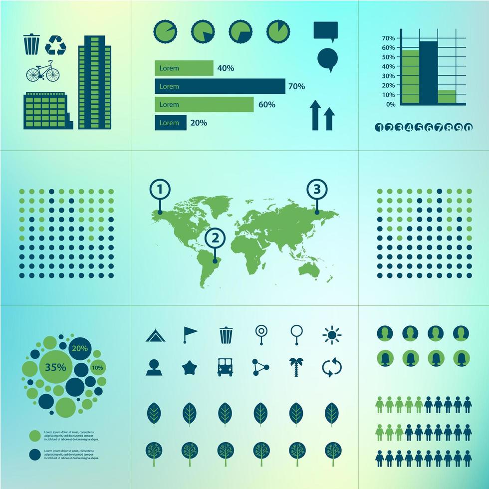 conjunto de vectores de infografías ecológicas. mapa del mundo, gráficos, árboles, iconos urbanos sobre fondo verde.