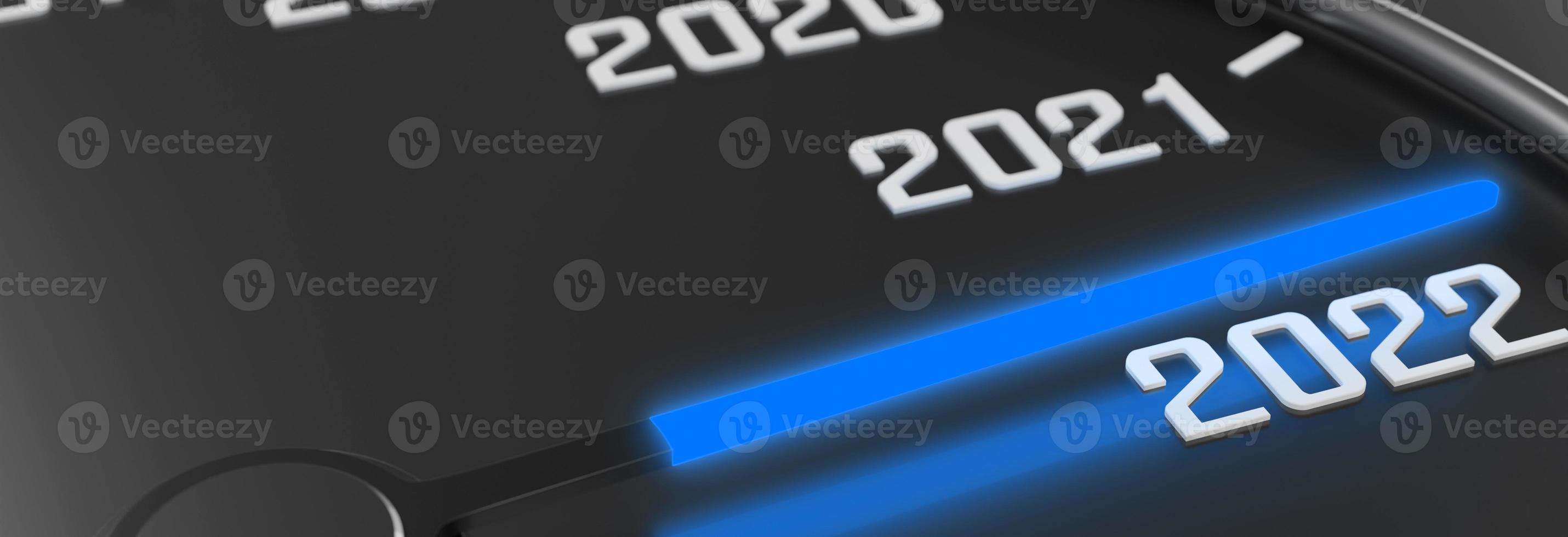 Feliz año nuevo fondo para 2022 con velocímetro. Ilustración 3d foto