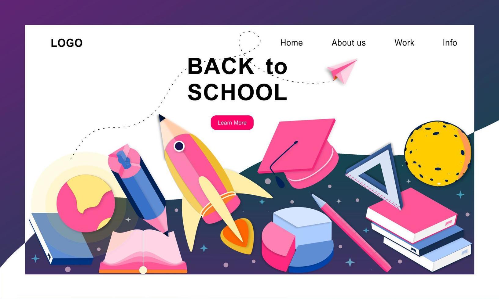 3d landing page design template for back to school, course, class, education in galaxy space imagination. Modern vector illustration concept for poster, banner, promotion, sale website and mobile app.