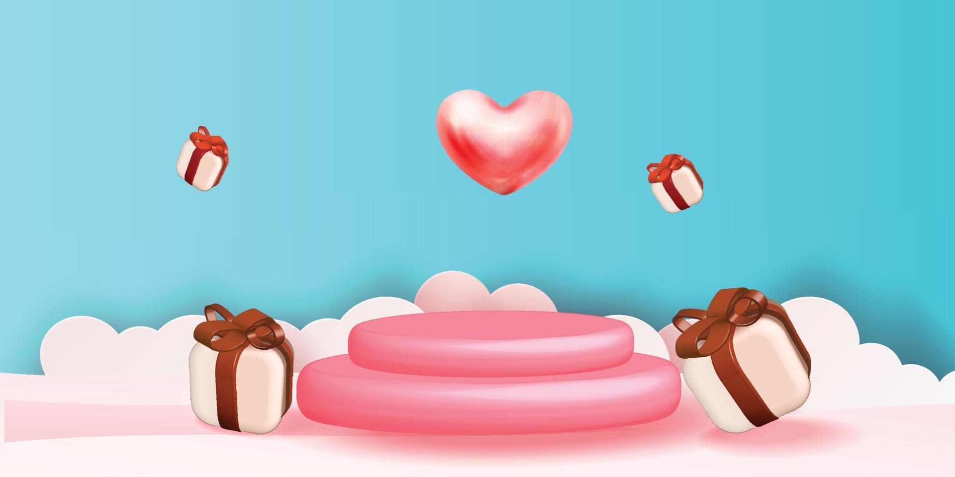 Fondo de producto rojo podio 3d para san valentín rosa y corazón amor romance concepto diseño vector illustation decoración banner