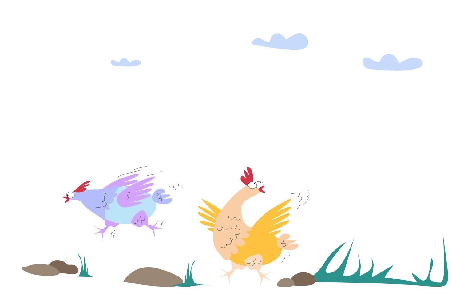 dos pollos corriendo en la naturaleza. vector