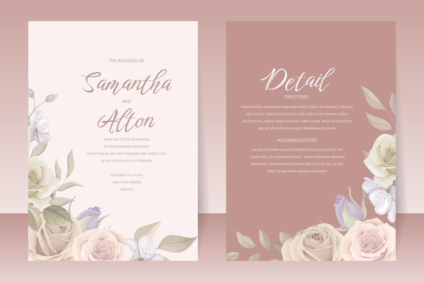 Plantilla de invitación de boda con decoración floral y hojas. vector