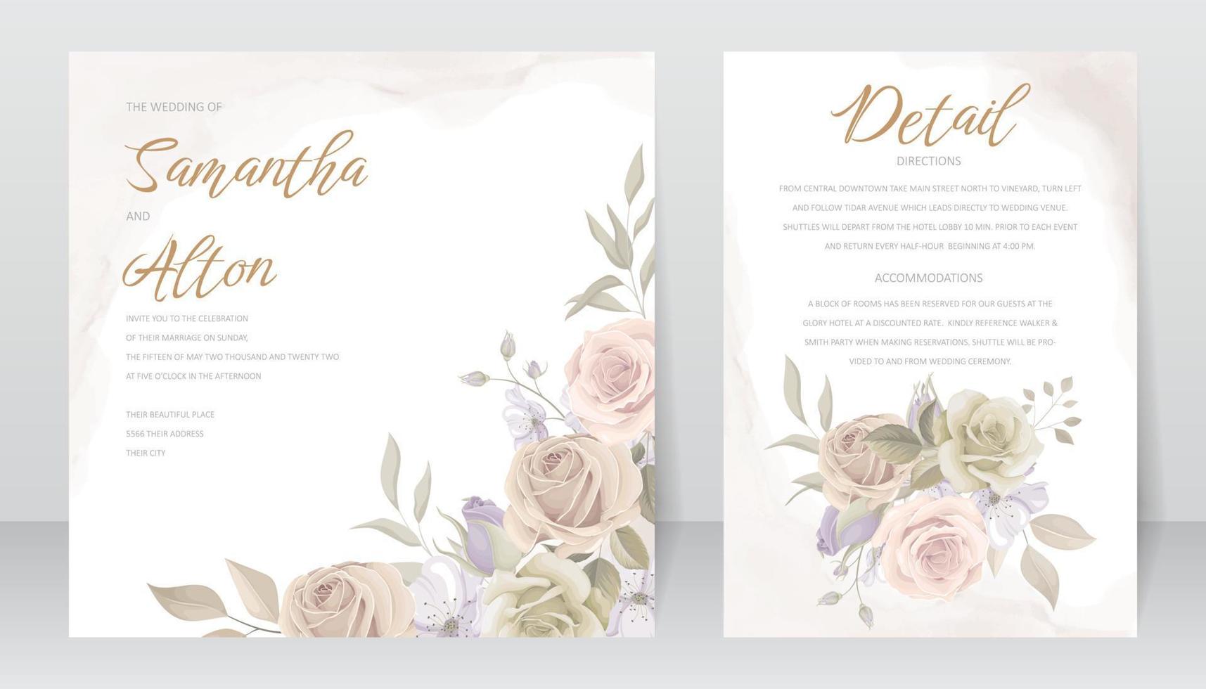 Wedding invitation template set with floral and leaves decoration vector