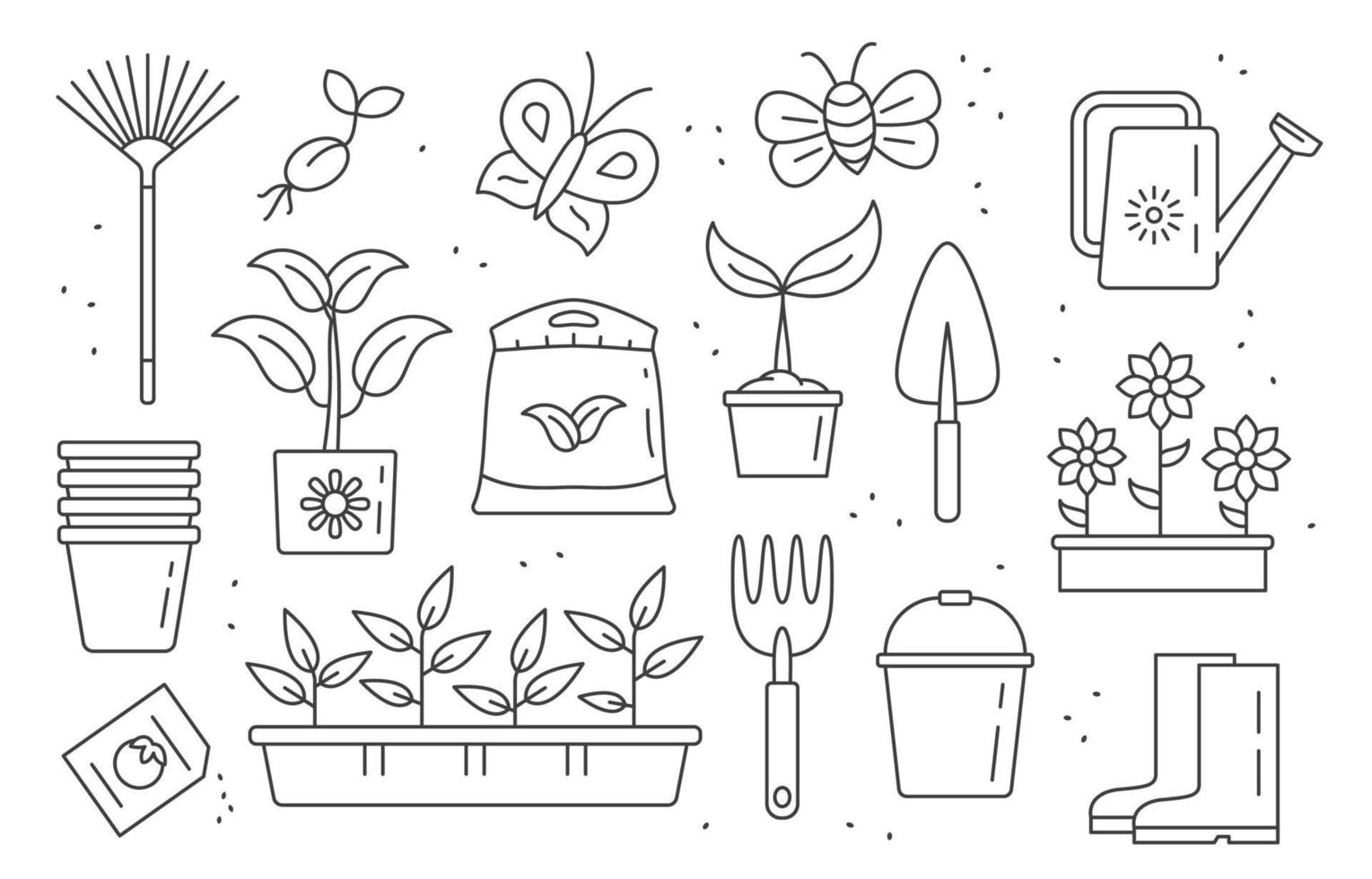 Set of linear garden elements. Various agricultural and gardening tools for spring work. Vector line illustration.