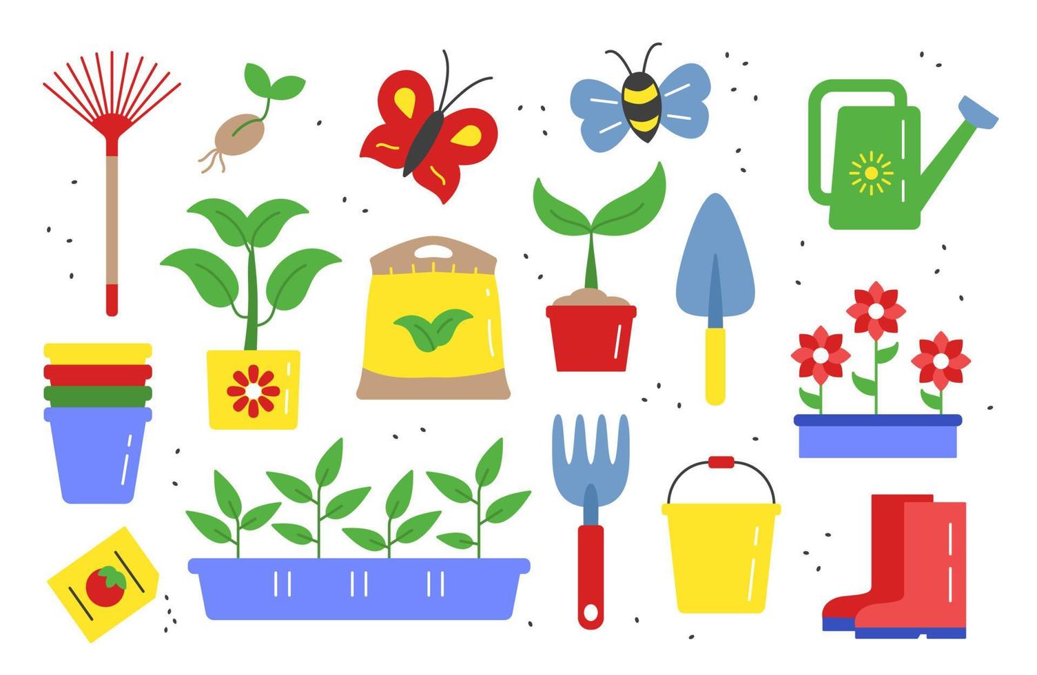 Set of garden elements. Various agricultural and gardening tools for spring work. Vector flat illustration.