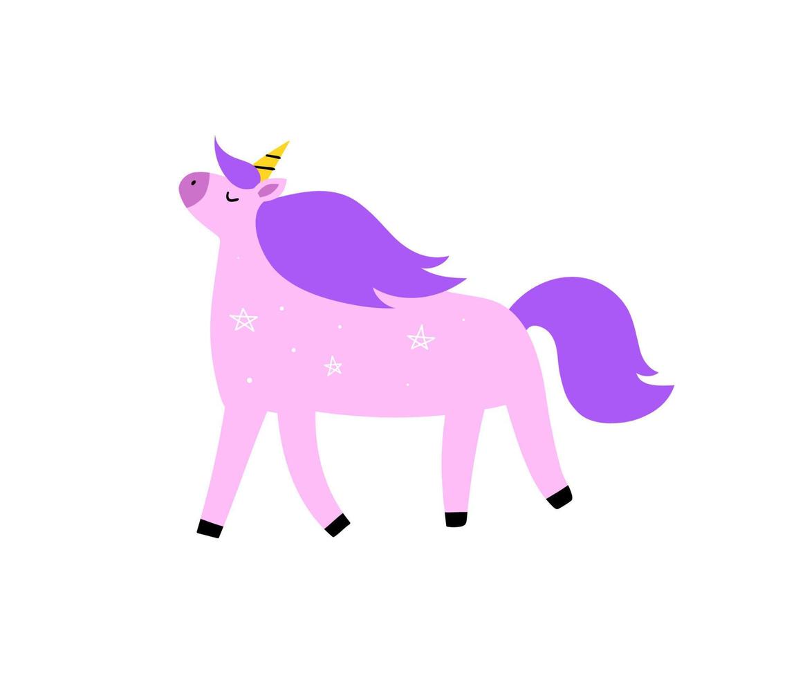 Cute hand drawn pink unicorn. Vector flat illustration.