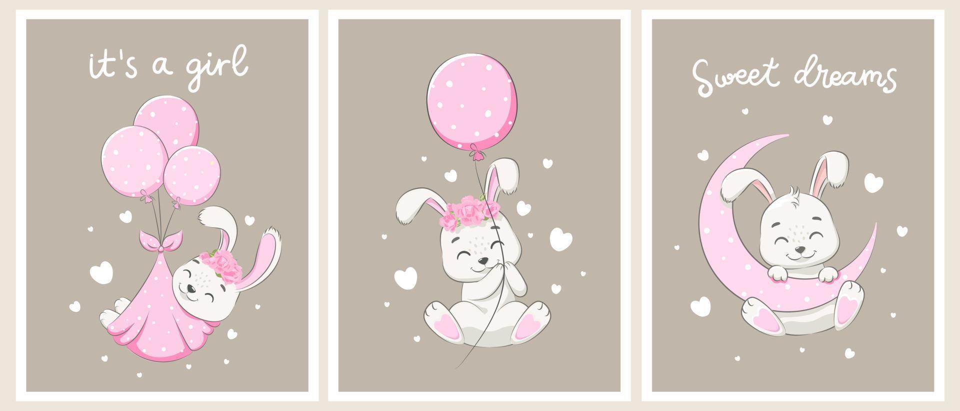 A set of cute rabbits for a girl. Sweet dreams,the moon, flowers and hot air balloon flights. Vector illustration of a cartoon.
