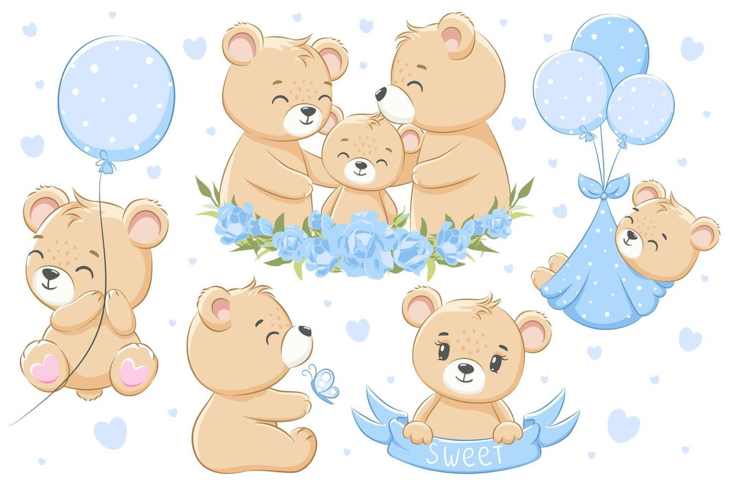 una colección de lindos osos familiares, para niños. flores, globos y corazones. ilustración vectorial de dibujos animados. vector