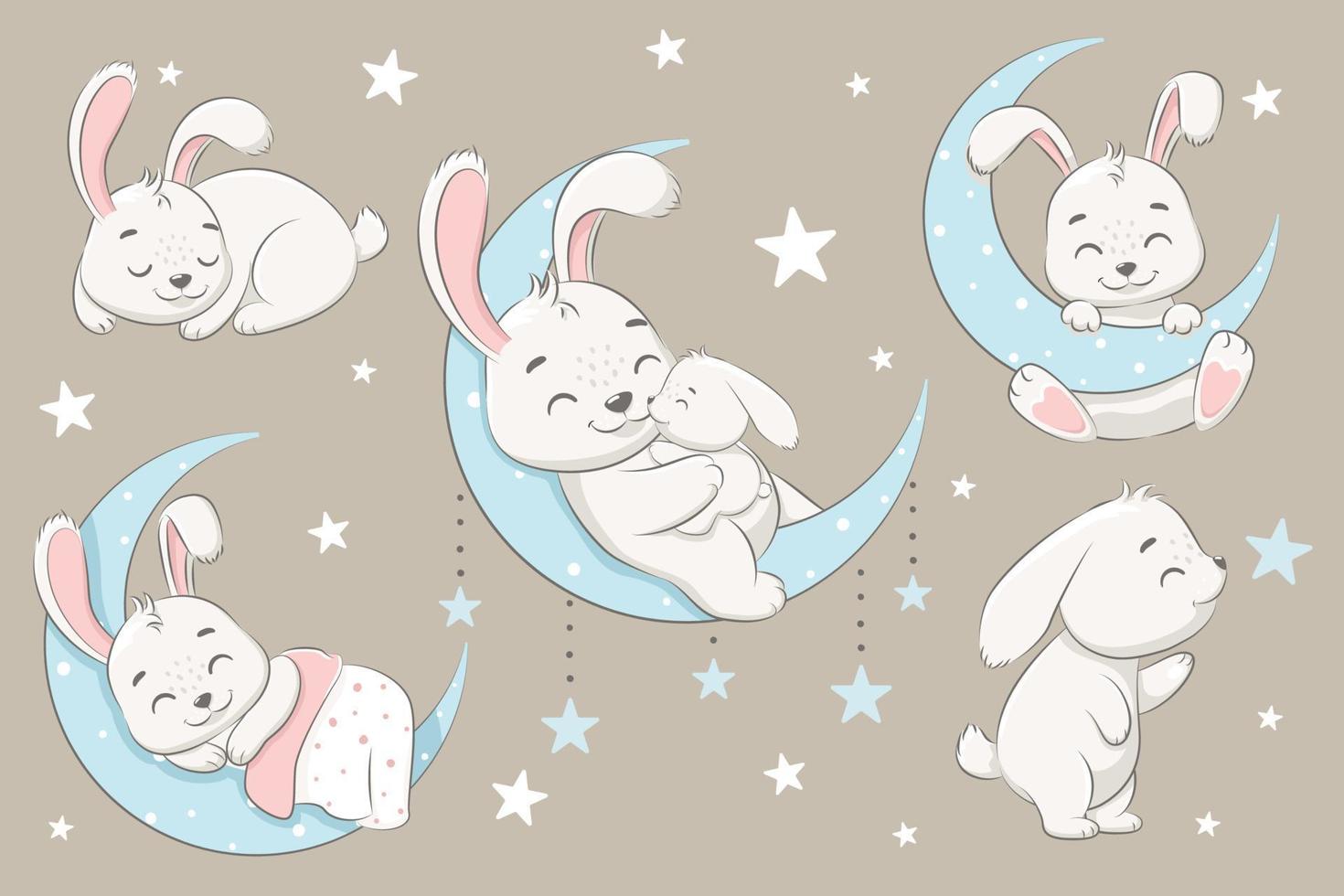 A collection of cute rabbits sleeping on the moon, dreaming and flying in a dream on the clouds. Vector illustration of a cartoon.