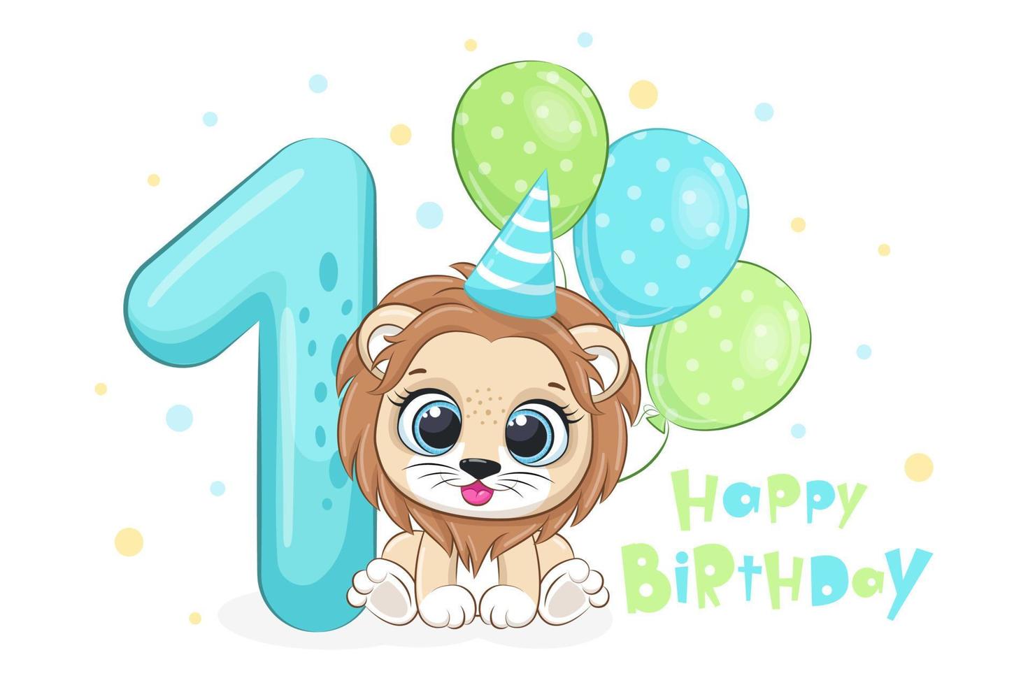 Ilustración de dibujos animados - feliz cumpleaños, 1 año, lindo león. ilustración vectorial. vector